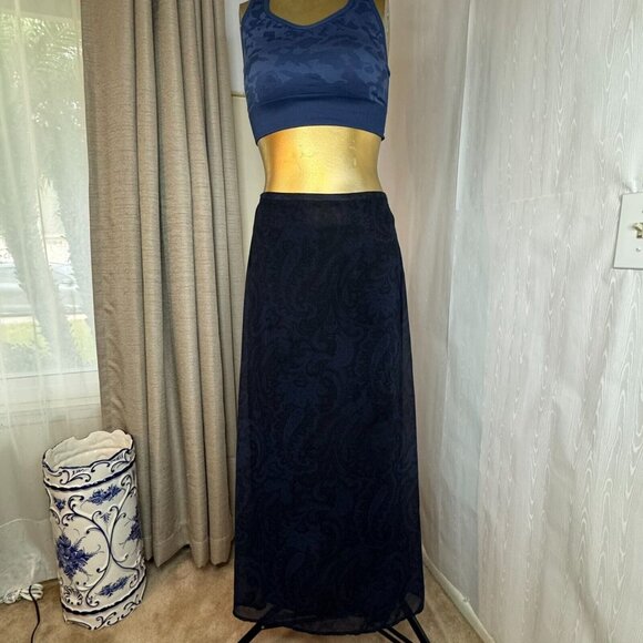 Vintage Y2k 90s Express Black & Blue Paisley Print Maxi Skirt Sz XS 1/2 Compagni - Picture 1 of 12